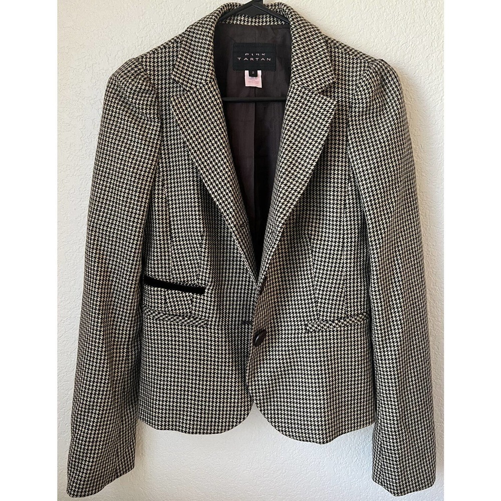 Pink Tartan Blazer/Jacket Houndstooth 100% Wool Texture Size 2